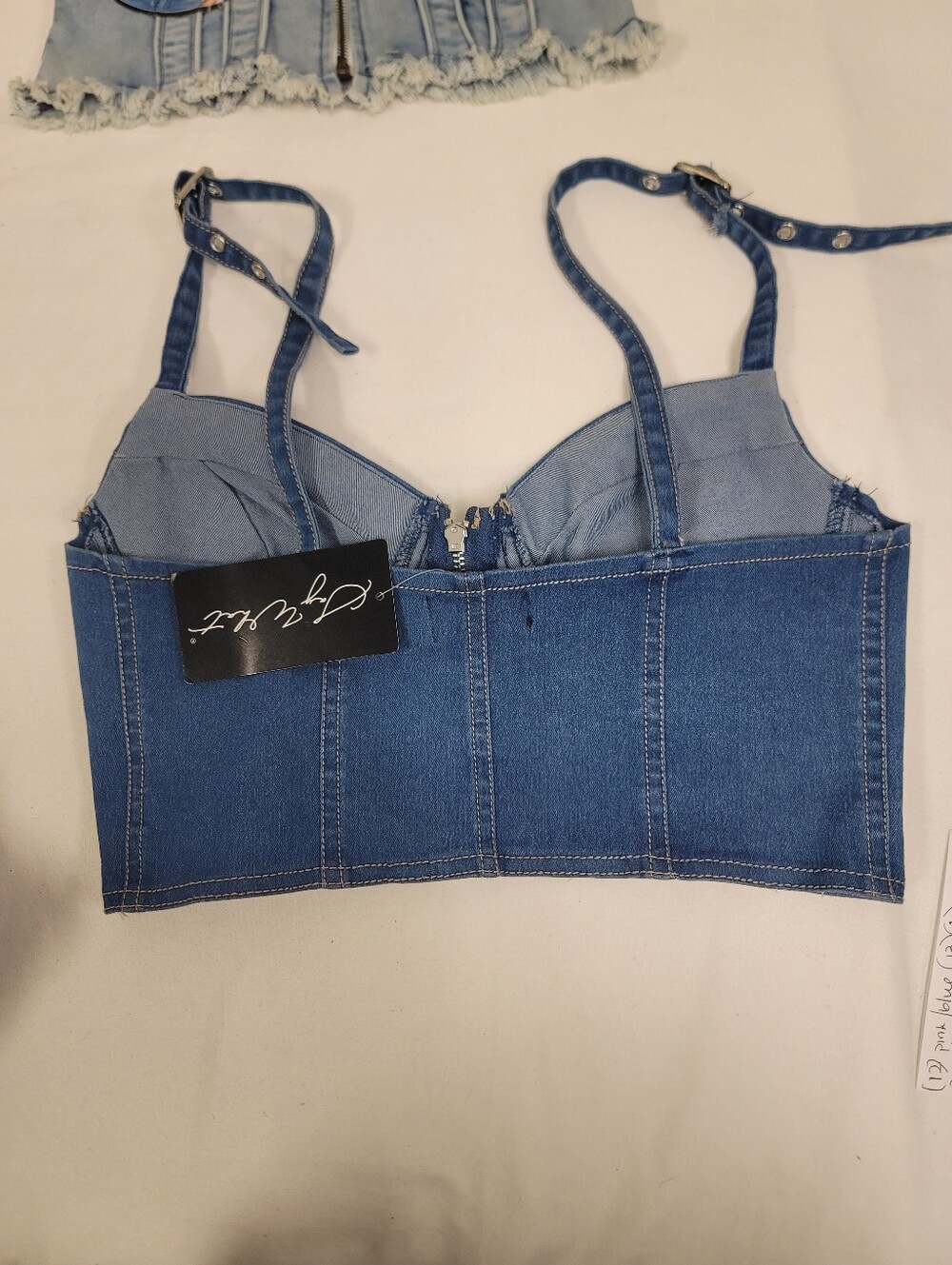 2 Denim Zip-Front Bustier Crop Top - Light & Medium Blue - Picture 3 of 7